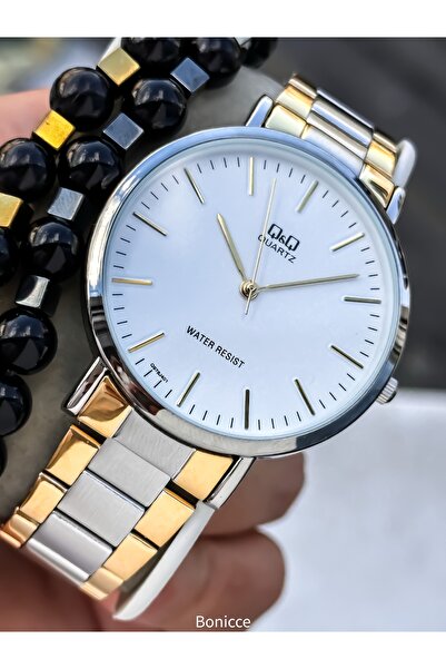 Q&Q Men's Wristwatch, Silver-Yellow Steel Band, 5 Atm Water Resistant, with Bracelet Gift