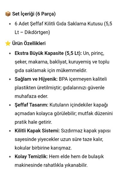 Metler Şeffaf Kilitli Gıda Saklama Kutusu 5,5 Lt Set | Mutfak Eşya Düzenleme Kabı Dikdörtgen 6 Adet