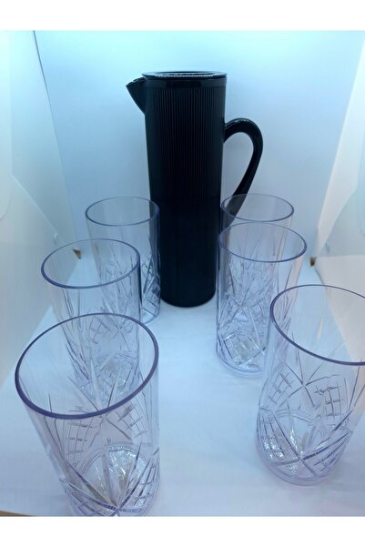 Mustran Acrylic Jug 1.5 L Bedside + Set of 6 750 ml Transparent Patterned Soft Drink Glasses Home Guest Gift