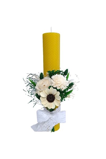 OEM Lumânare de botez din ceară de albine decorată cu flori uscate,galben miere, H35/D5 cm