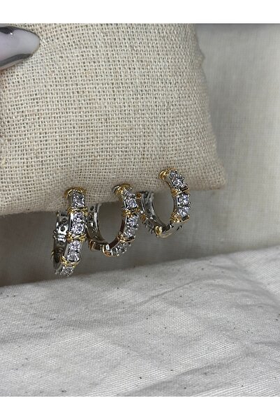 hira jewelery Altın Renk Detaylı Zirkon Taşlı Halka Küpe – Işıltılı Kadın Takı
