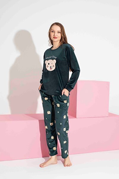 Tarık Women's Teddy Bear Patterned Long Sleeve French Velvet Fabric Winter Warm Pajama Set