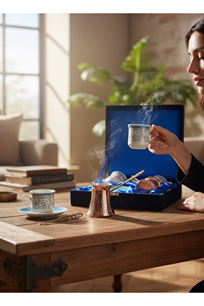 ÅLÅ OTANTİK HEDİYELİK Double Coffee Pot Coffee Cup Set with Velvet Box