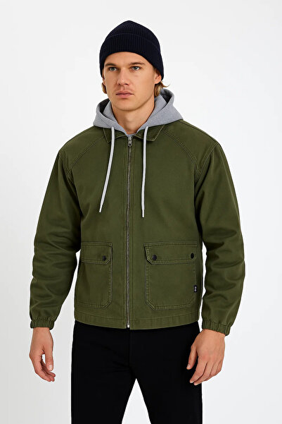 DAMGA JEANS Men's Zippered Basic Khaki Hooded Denim Jacket