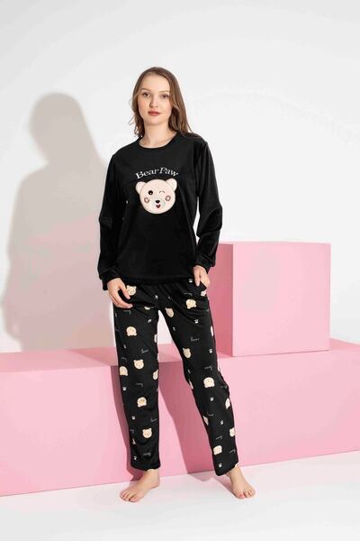 Tarık Women's Teddy Bear Patterned Long Sleeve French Velvet Fabric Winter Warm Pajama Set