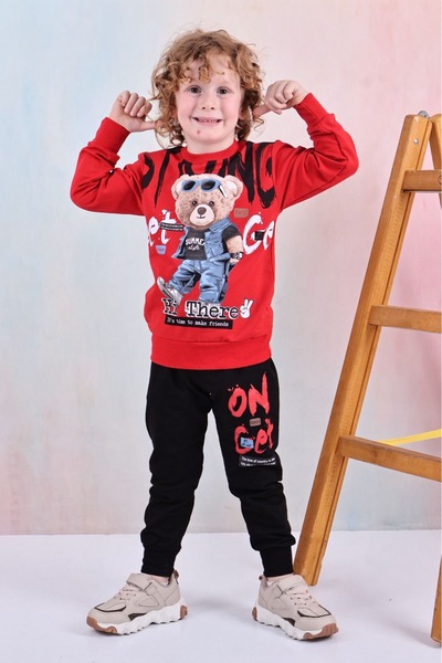 ANKANOVA Boy's Teddy Bear Patterned Two Thread Seasonal Tracksuit Bottom Top Set
