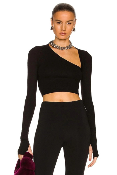 MetuCA Bluză crop pentru femei, neagră, cu guler asimetric, cu mânecă lungă, ...