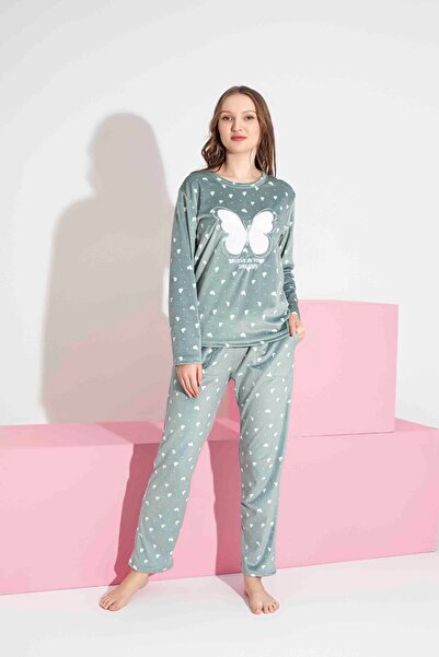 Tarık Kadın Kelebek Nakışlı Desenli Uzun Kollu Fransız Kadife Kumaş Kışlık Sıcak Tutan Pijama Takımı