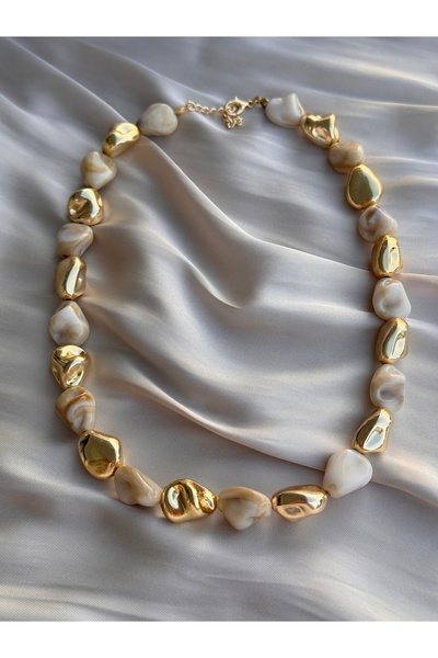 Miliva Asymmetrical Model Gold Detailed Flashy Necklace |   Bone Appearance Necklace