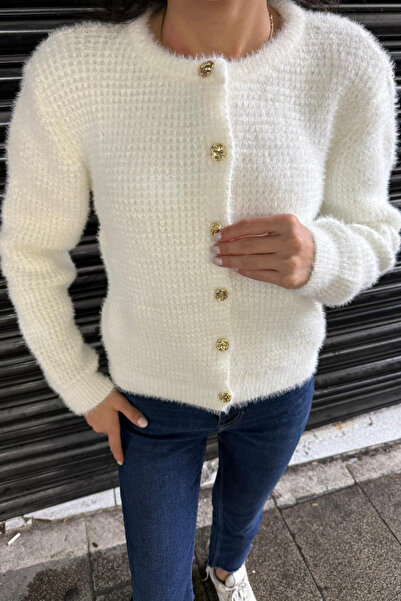 thesunfyre Women's Crew Neck Gold Buttoned Teddy Plush Soft Knitwear Cardigan