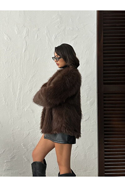 SUN STYLE Κομψό γούνινο μακρύ παλτό/παλτό με γάντζο για το γιακά και επένδυση