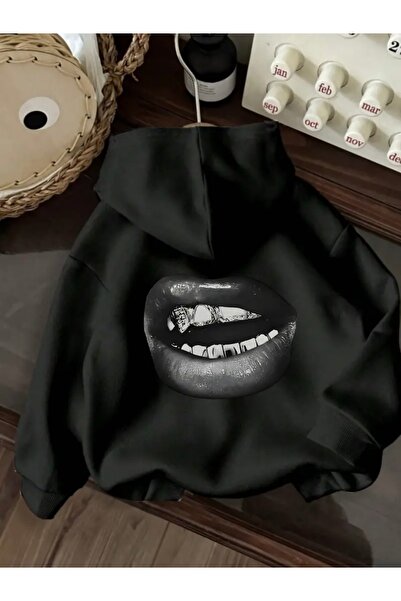 FUFLUNS سويت شيرت بقلنسوة كبير الحجم للجنسين مطبوع عليه شفاه