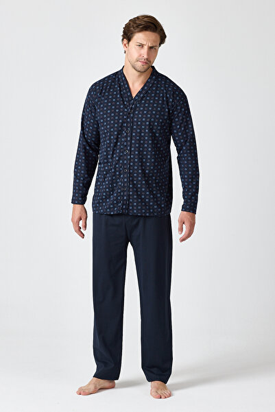 LadyMina Pijama Men's Long Sleeve Navy Blue Pajama Set