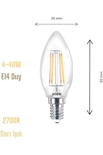 STOREMAX 4W LED Filament Mum Ampul, E14 Duy, 2700K Sarı Işık, 470 Lümen, Şeffaf Cam, Akkor Görünümlü Dekorati