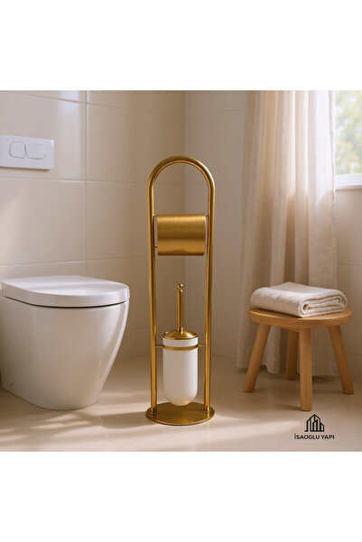 İSAOĞLU YAPI Mat Gold Klozet Fırçalık ve Tuvalet Kağıtlık Setı Mat Altın Ayaklı Banyo Seti Pirinç Malzeme