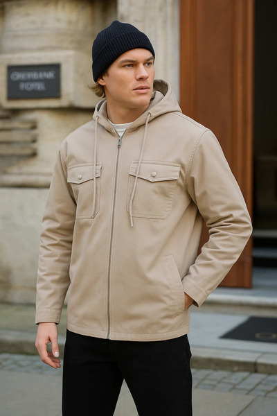 DAMGA JEANS Men's Basic Oversize Flexible Hooded Cream Jacket