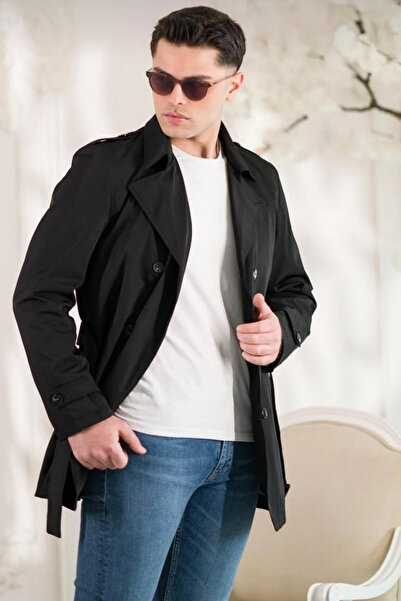 thesunfyre Erkek Su İtici Astarlı İtalyan Kesim Slim Fit Uzun Kemerli Trençkot