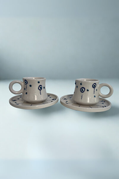 Handmade Ceramic Evil Eye Bead Pattern White 2-Piece Coffee Cup Set - Hand Embroidered