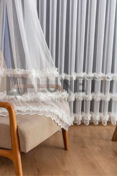 LUNETT HOME Ready to Use Foldet Linen Patterned Skirt with Tassel Detail and Sparsely Plied Tulle Curtain