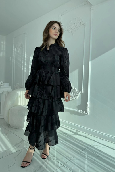 HELİS BUTİK Embroidered Carolin Fabric Layered Black Belted Dress