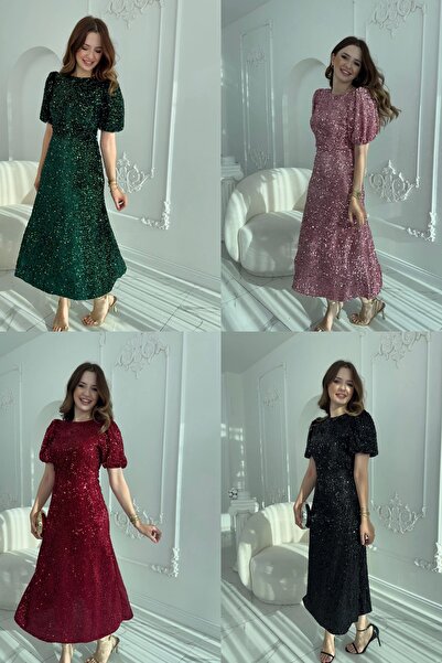 HELİS BUTİK Třpytivé šaty s flitry a flitrovými aplikacemi v barvě burgundy