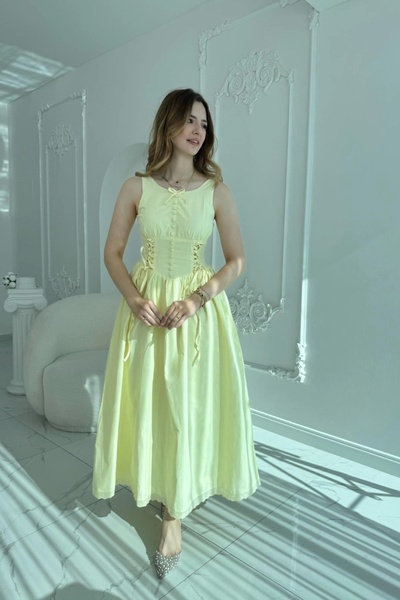 HELİS BUTİK Yan Bağcıklı Korse Formlu Sarı Elbise