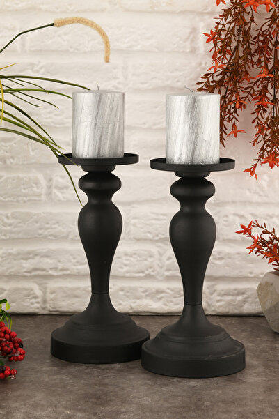 AKSESUAR EVRENİ Carlo Siyah Mumluk Dekoratif Şamdan Düz Taban Paslanmaz Kapla...