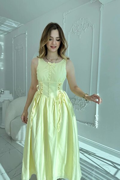 HELİS BUTİK Yan Bağcıklı Korse Formlu Sarı Elbise