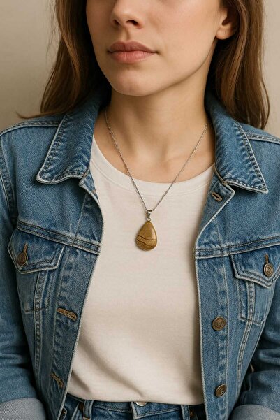 Doğal Jasper Taşı Oval Çelik Kolye