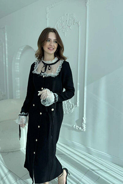 HELİS BUTİK Μαύρο φόρεμα Şanel από ύφασμα Tweed με λεπτομέρεια στο γιακά και στα μανίκια με κουμπιά