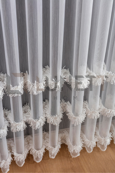 LUNETT HOME Ready to Use Foldet Linen Patterned Skirt with Tassel Detail and Sparsely Plied Tulle Curtain