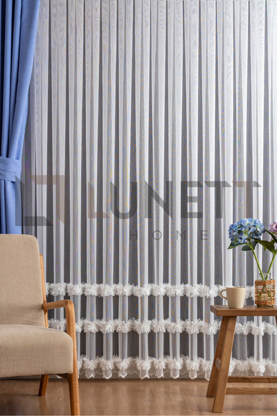 LUNETT HOME Ready to Use Foldet Linen Patterned Skirt with Tassel Detail and Sparsely Plied Tulle Curtain