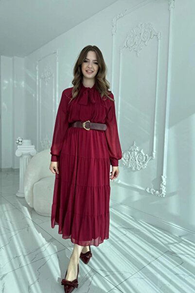 HELİS BUTİK Rochie din șifon cu centură, cu guler eșarfă, rochie burgundă