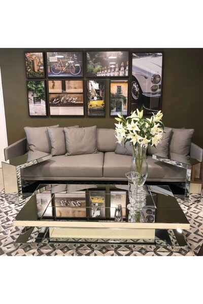 LUXURY VİLLA LUXURY KOMPLE GÜMÜŞ AYNALI TEKERLEKLİ ORTA SEHPA 80X140 YÜKSEKLİ...