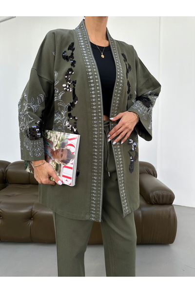 MİA NOURA Women's Kimono with Pul-Pallet Embroidery on the Front