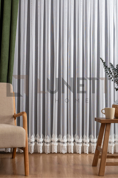 LUNETT HOME Ready to Use Foldet Linen Patterned Skirt with Embroidered Sparsely Pleated Tulle Curtain