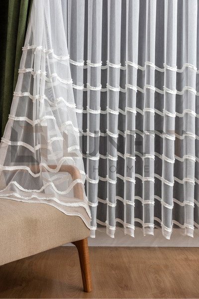 LUNETT HOME Ready to Use Foldet Linen Patterned Striped Tasseled Sparsely Plied Tulle Curtain