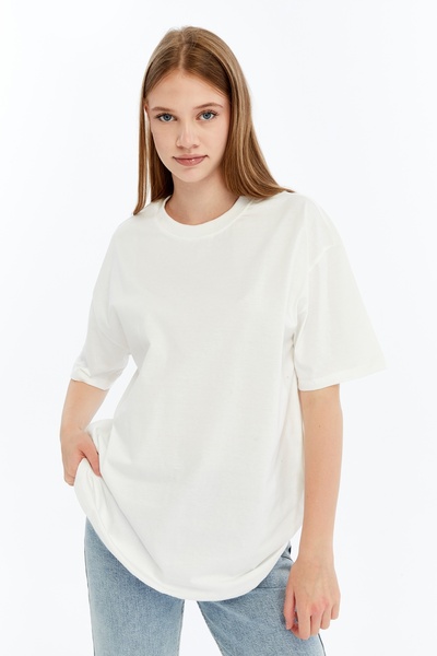 FHELIA Women's Ecru 100% Organic Cotton Compact Breathable Fabric Crew Neck Oversize Basic T-Shirt