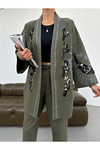 MİA NOURA Women's Front and Sleeves Pulpalet Embroidered Kimono Pants Set