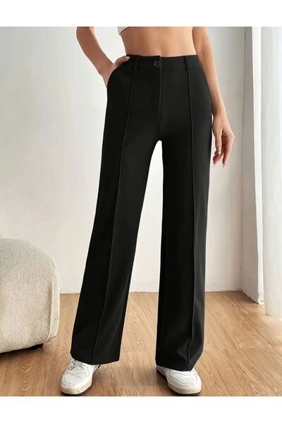 peri tower YENİ ÜRÜN Kadın Siyah Yüksek Bel Geniş Paça Krep Palazzo Pantolon ...