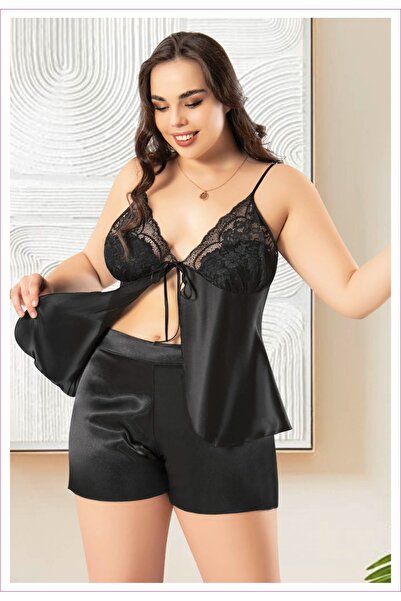 Viselya Set de pantaloni scurți de noapte din satin negru, mărime mare