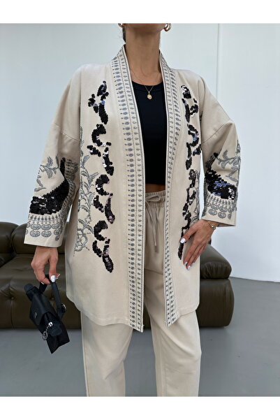 MİA NOURA Women's Kimono with Pul-Pallet Embroidery on the Front