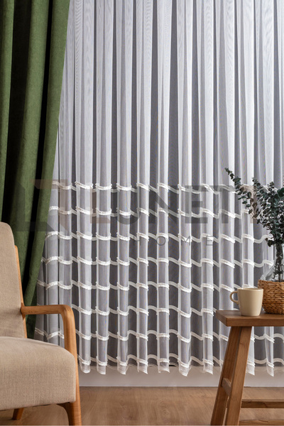 LUNETT HOME Ready to Use Foldet Linen Patterned Striped Tasseled Sparsely Plied Tulle Curtain