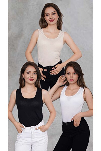 formenza Women's Black White Beige 3-Piece Wide Strap Women's Tank Top