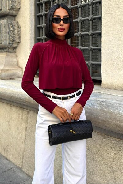 THE VOLER Bluză Sandy cu gât înalt, cu detalii de turnare, roșu claret -BORDO