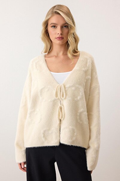 Olcay Front-Tied Soft Knit Cardigan Ekru 8267