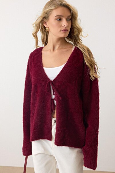 Olcay Front-Tied Soft Knit Cardigan Bordo 8267