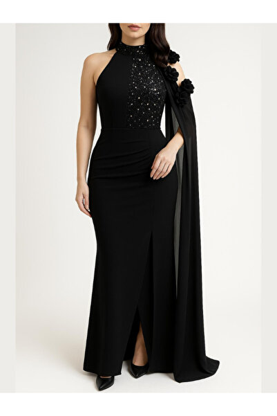 Nice Model فستان سهرة طويل رسمي بفتحة رقبة على شكل هالتر مزين بالترتر، ملابس ...