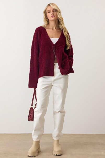 Olcay Front-Tied Soft Knit Cardigan Bordo 8267