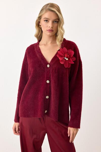 Olcay Soft Knitwear Cardigan with Floral Accessories Bordo 8268